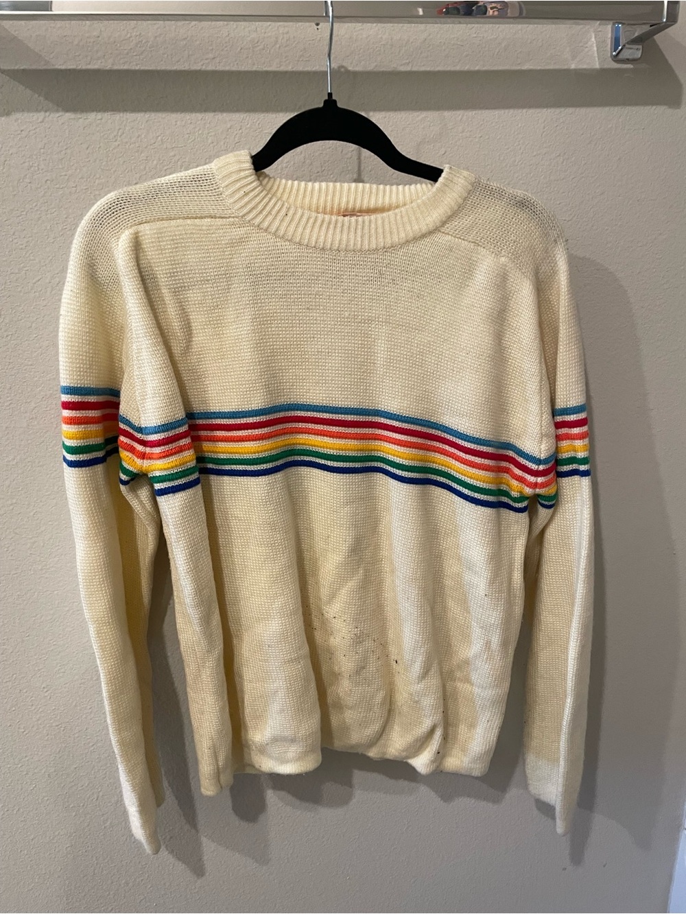 Vintage Cream Crewneck Sweater with Rainbow Stripe - Men